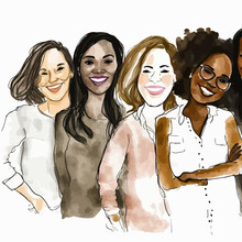 A Vibrant, Positive Illustration Of A Diverse Group Of Female Friends Creating A Unified Bond. Strong Representation Of Unity And Individual Distinction.