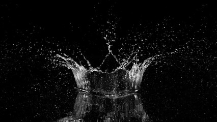 Canvas Print - Super slow motion of splashing water crown shape on black background. Filmed on high speed cinema camera, 1000fps.