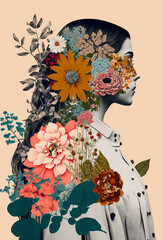 Portrait of a woman with lots of flowers. Abstract trendy art paper collage design. Generative ai