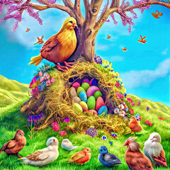 Osterhase Hase Ostern Osternest bunte Eier gefärbte Eier Symbol Kultur Frühling Natur Grafik Card Karte Cover Background Generative AI Digital Art Illustration