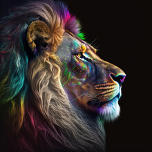 Generative AI Illustration Of Vibrant Portrait Of Irridescent Lion Side Profile