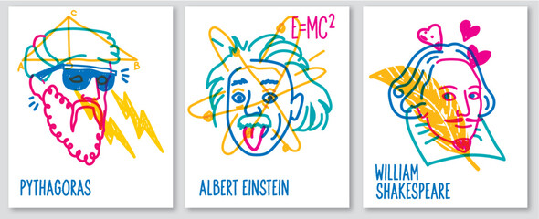 Poster of famous people Pythagoras, Albert Einstein, William Shakespeare