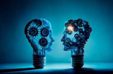 Wall Mural - Generative AI illustration of two human heads made of gears with light bulb shape inside looking at each other over blue background 