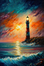 Beautiful Landscape Oil Painting Masterpiece, Lighthouse On A Cliff, Art Illustration 