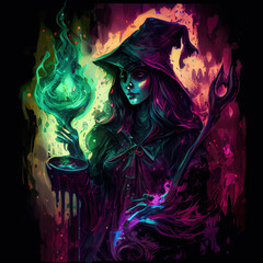 Wall Mural - Halloween witch by cauldron - By Generative AI
