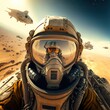 Future space soldier, at the battle of Saturn, go pro selfie perspective. Generative AI.