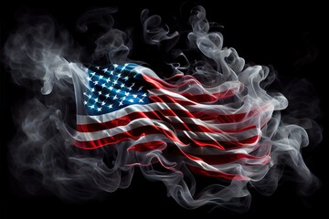 national flag of usa in the form of blue, white and red color smoke. generative ai art isolated on b