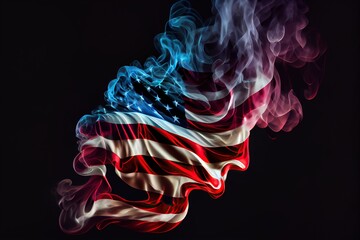 National flag of USA in the form of blue, white and red color smoke. Generative AI art isolated on black background.