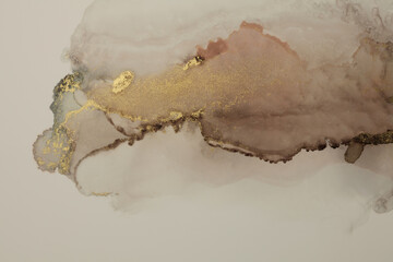 Wall Mural - art abstract watercolor and alcohol ink flow blot painting. brown, beige color with gold glitter. ca
