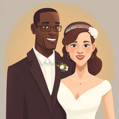 Wall Mural - Black man and white woman getting married, mixed race wedding couple, wearing traditional wedding dress and tuxedo, bride and groom, Holiday, design for greeting and invitation card, couple in love.