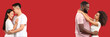 © Pixel-Shot - Banner with happy young couples in love on red background with space for text. Valentine's Day