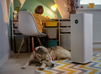 Air purifier in the children's room with an allergy child and a dog