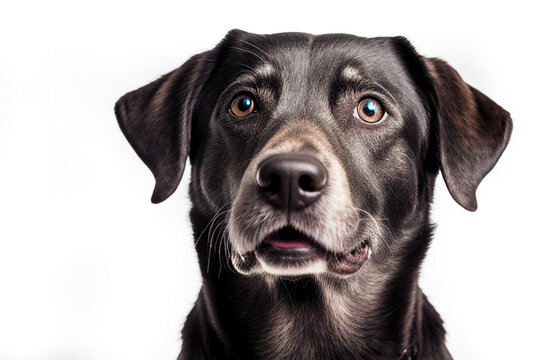 Close up portrait cute funny gray black brown dog smiling on isolated white background. A beautiful dog photo for advertises.