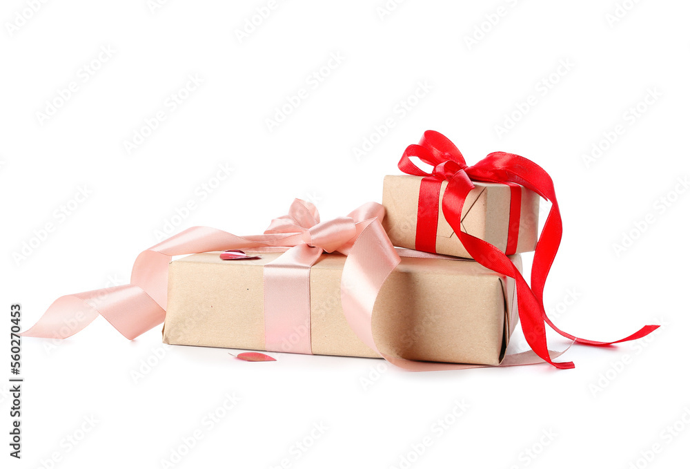 Gift boxes with hearts for Valentine's Day on white background