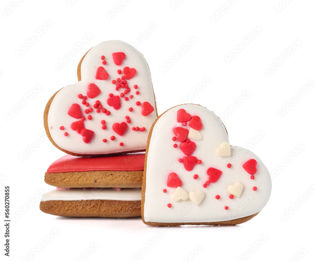 Sweet heart shaped cookies with sprinkles on white background. Valentine's Day celebration
