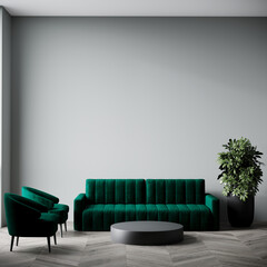 Wall Mural - Grey green living room - evergreen fog is the color of the year. Emerald furniture - rich sofa and armchairs. Luxury room design interior mockup. Lounge hall or reception salon. 3d rendering