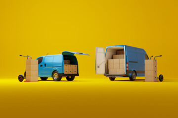 Wall Mural - Two commercial delivery blue vans with cardboard boxes on yellow background. Delivery order service company transportation box with vans truck. 3d rendering, 3d illustration.