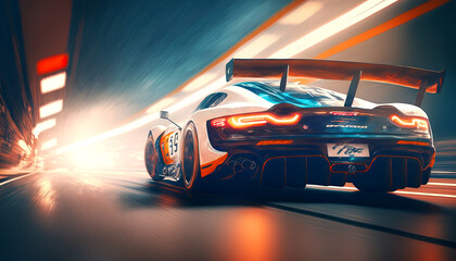 Sport racing car at high speed riding in illuminated road tunnel. Postproducted generative AI digital illustration.