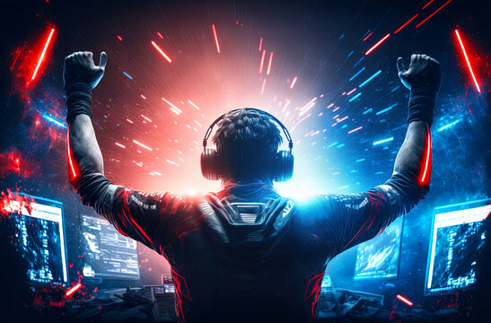 Wall Mural -  - Professional eSports gamer rejoices in the victory in red blue illuminated game room. Postproducted generative AI digital illustration.