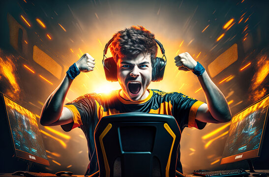 Wall Mural -  - Professional eSports gamer rejoices in the victory in orange game room. Non-existent person in generative AI digital illustration.