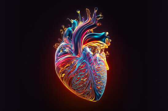 Wall Mural -  - Glowing lines at human heart 3D shape on dark background. Postproducted generative AI digital illustration.