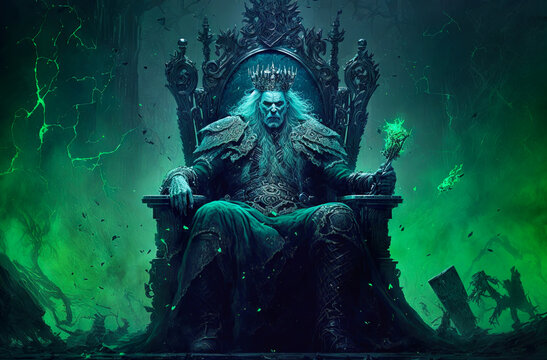Wall Mural -  - King of the Poisoned realm sitting on his throne. Postproducted generative AI digital illustration.