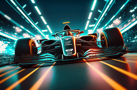 Wall Mural -  - Futuristic racing formula at fast ride to finish. Postproducted generative AI digital illustration.