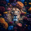 Lion in a bed of flowers