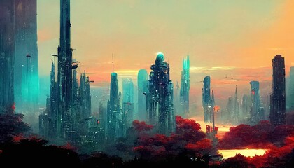 Wall Mural - Fantasy science fiction city. Fictional abstract realm. Futuristic concept art, colorful artistic landscape ,made with Generative AI