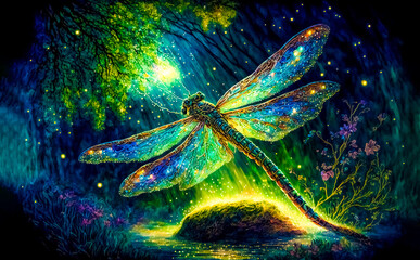 Wall Mural - a fluttering dragonfly flies in the night fantastic enchanted forest under the moonlight. fairy tale