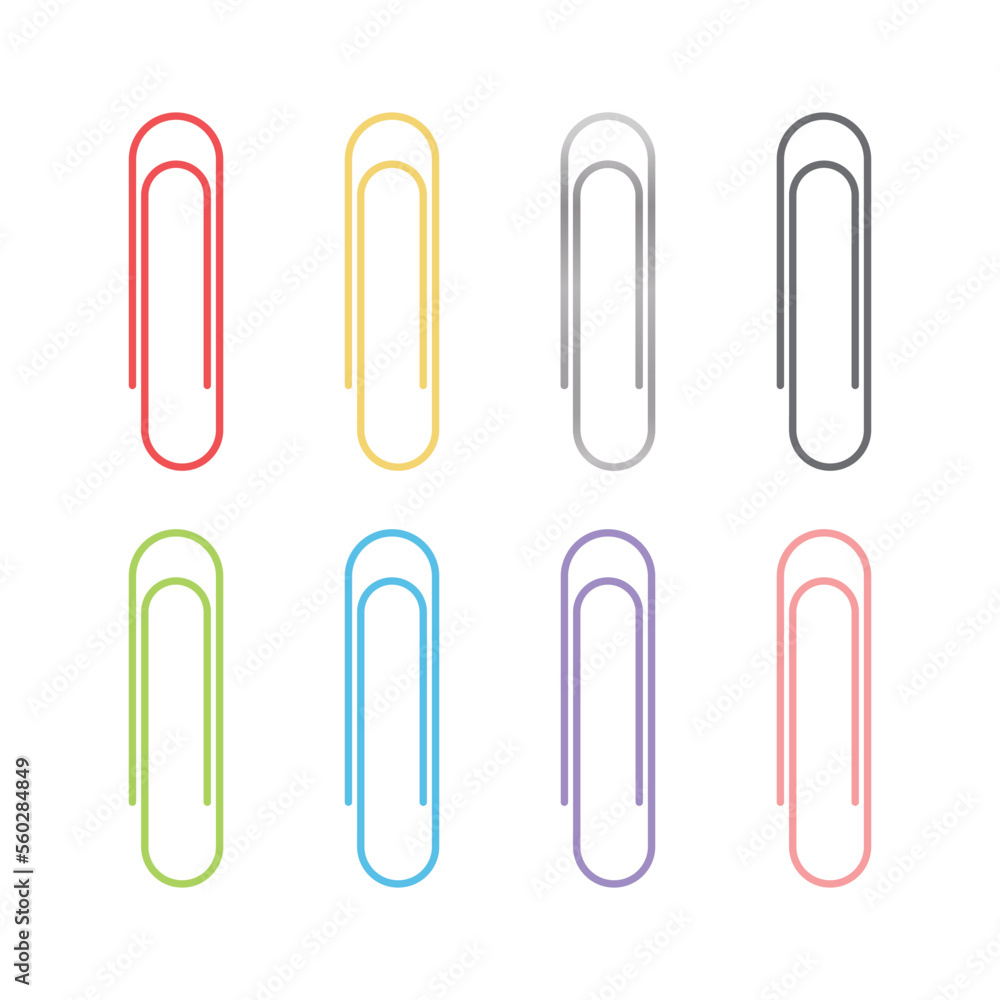Paper clip for clipping paper together. Colorful paperclip vector illustration on white background. Bent wire or plastic paper clip used for holding sheets of paper together.School or office supplies.