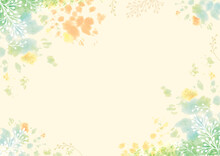 水彩絵の具と植物で彩った春らしい淡い黄色の背景