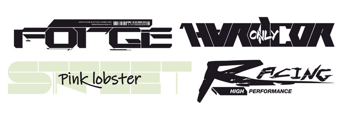 Cyberpunk decals set. Set of vector stickers and labels in futuristic style. Inscriptions Forge, Hardcore Only, Pink Lobster, Street, Racing, High Performance