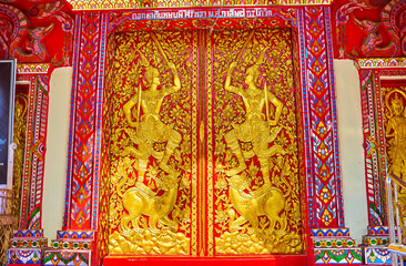 Sticker - Spectacular doors of Viharn of Wat Khuan Khama temple, Chiang Mai, Thailand