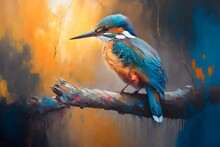 This Realistic Painting Illustration, Depicts A Hummingbird Perched On A Branch. The Vibrant Colors And Intricate Details Make It Come To Life, Giving The Viewer A Sense Of Serenity And Beauty