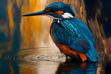 this realistic painting illustration, depicts a hummingbird perched on a branch. the vibrant colors 