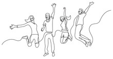 Continuous Line Drawing Four Jumping Happy Team Members Wearing Face Mask - PNG Image With Transparent Background
