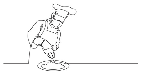 Sticker - continuous line drawing chef finishing meal wearing face mask - PNG image with transparent background