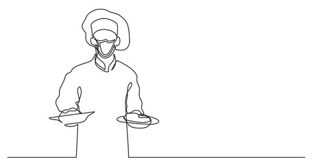 Sticker - continuous line drawing chef holding two meals wearing face mask - PNG image with transparent background