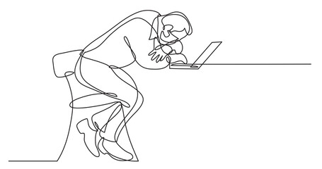 Poster - continuous line drawing depressed businessman sitting bihind laptop computer wearing face mask - PNG image with transparent background