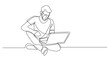 continuous line drawing man sitting with laptop wearing face mask - PNG image with transparent background