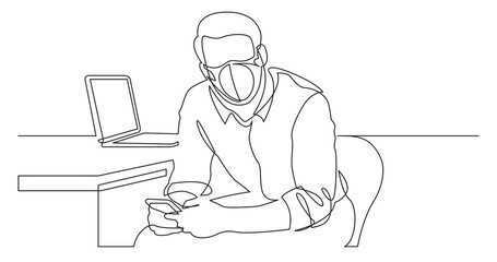 Sticker - continuous line drawing man sitting reading his mobile phone wearing face mask - PNG image with transparent background