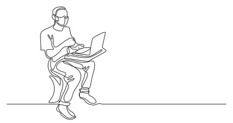 Canvas Print - continuous line drawing man sitting working on computer wearing face mask - PNG image with transparent background