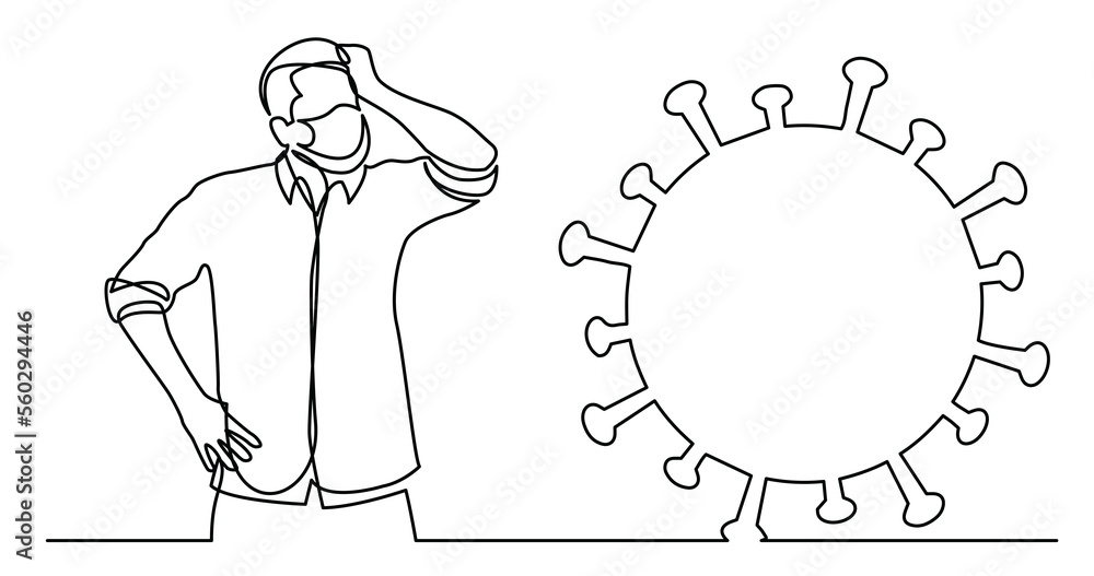 continuous line drawing of man in mask  worrying about coronavirus threat - PNG image with transparent background