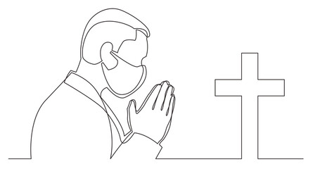 Wall Mural - continuous line drawing praying man with christian cross wearing face mask - PNG image with transparent background