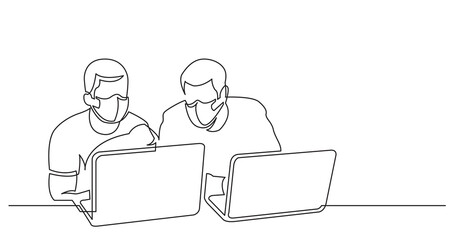 Sticker - continuous line drawing two men sitting with laptop computers wearing face mask - PNG image with transparent background