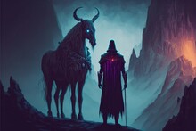 Warrior On The Horse. A Knight With His Horse Standing On The Dark Skull Cliff. Digital Art Style , Illustration Painting .