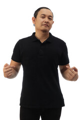 Wall Mural - Blank collared shirt mock up template, front view, Asian male model wearing plain black t-shirt isolated on white. Polo tee design mockup presentation