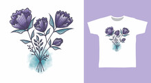 Purple Flower Hand Drawn T Shirt And Apparel Design Concept
