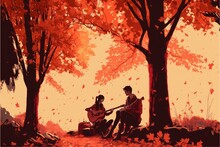 Boy And Girl Under The Tree. Lovers Sitting And Playing Guitar Under The Tree In Autumn. Digital Art Style , Illustration Painting .